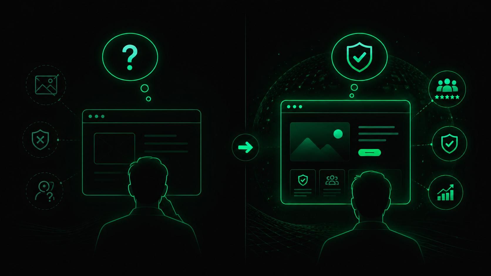 Comparação entre um site sem presença digital, com dúvidas e sinais de alerta, e um site com presença digital forte, com avaliações, segurança e crescimento